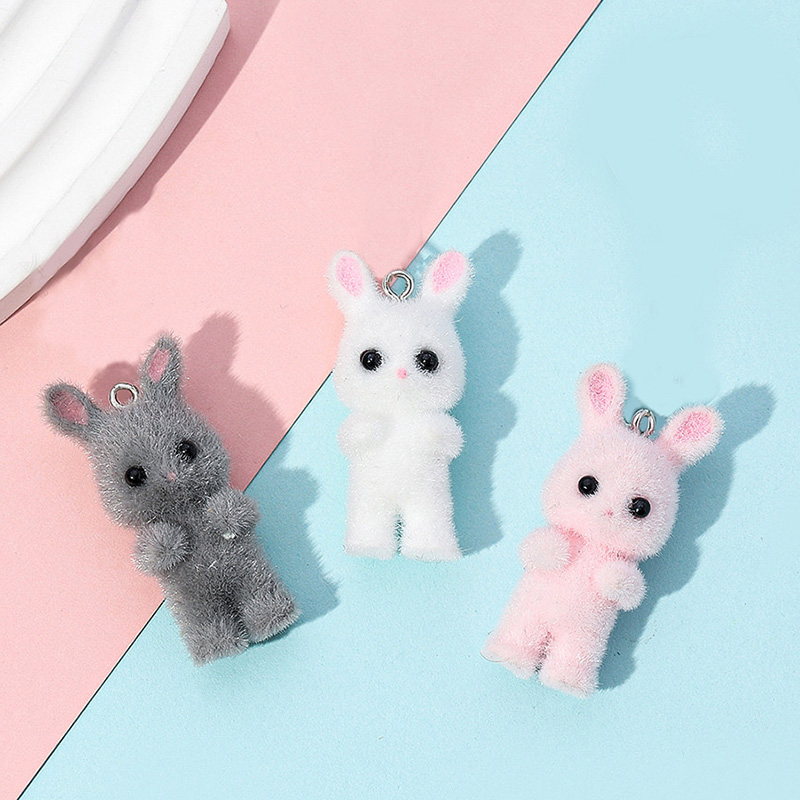 Resin Art Earrings - 5pcs/lot Cute Flocking Rabbit Resin Charms