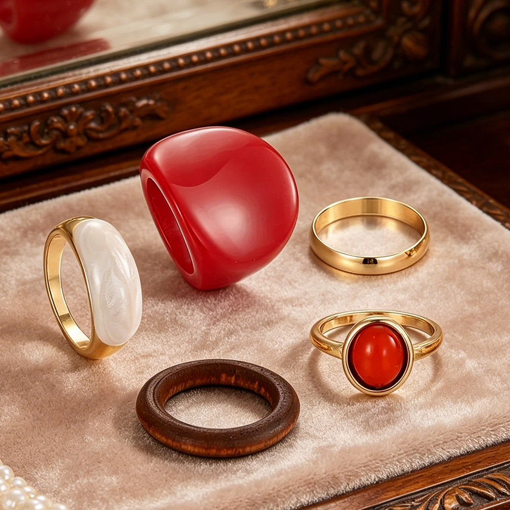 Resin Art Ring - 5Pcs Women Retro Ring Set Red