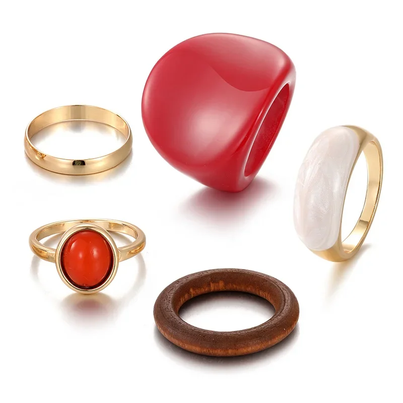 5Pcs Women Retro Ring Set Red  – обзор и цена Resin Art Ring
