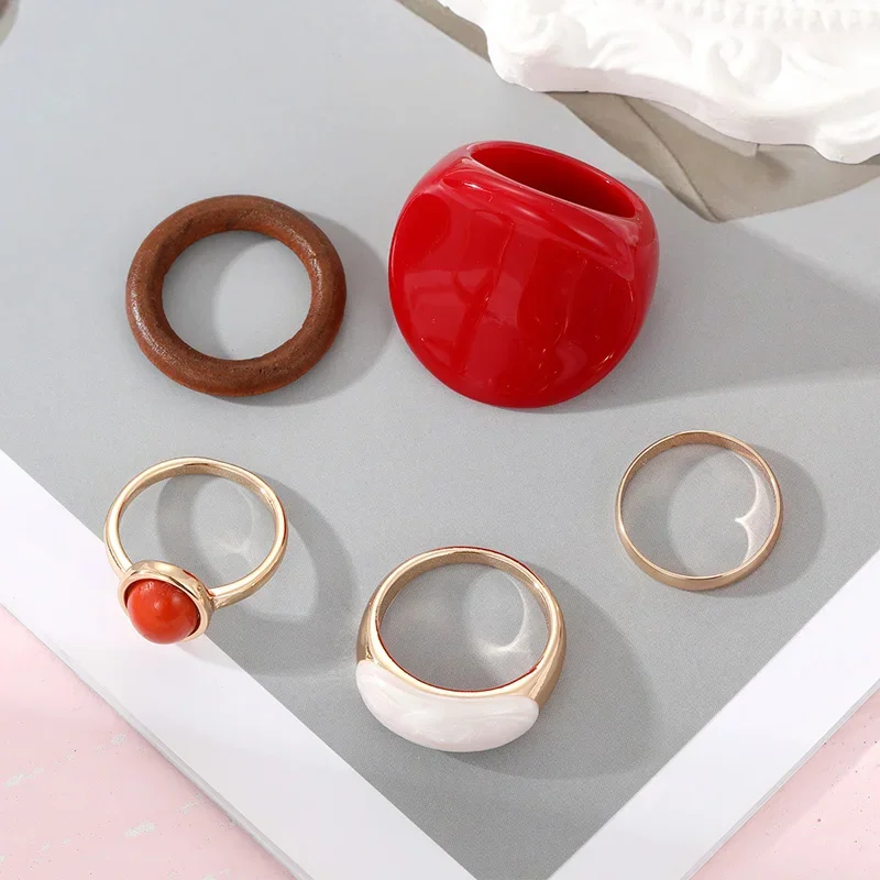 5Pcs Women Retro Ring Set Red  – обзор и цена Resin Art Ring